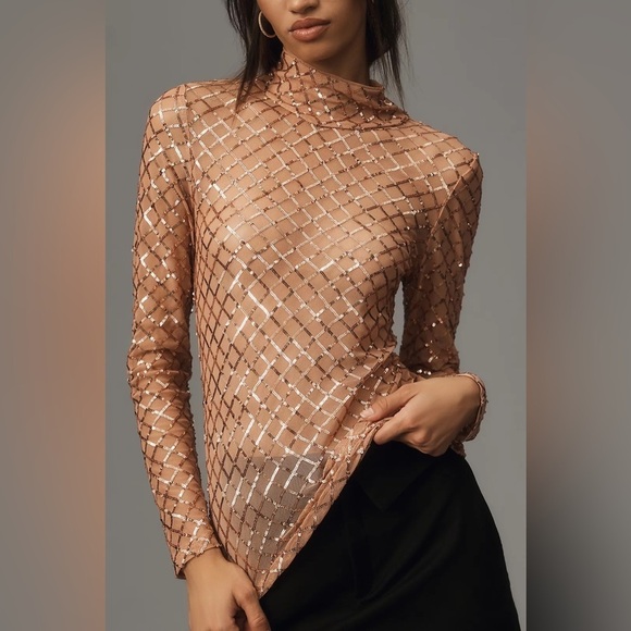 Anthropologie Tops - NWT Anthropologie Pilcro Sheer Turtleneck Sequin Long Sleeve Top Light Sand